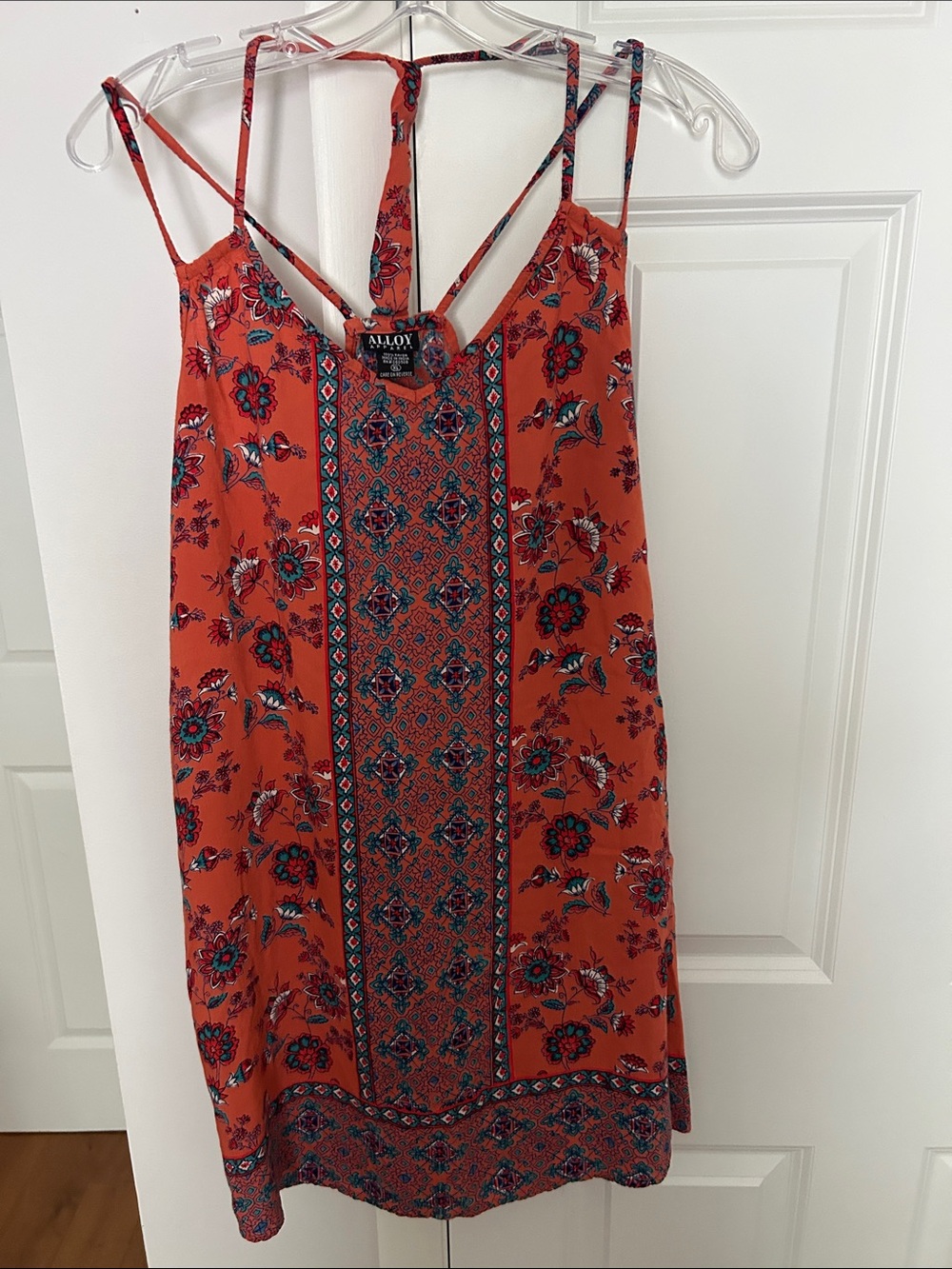 ALLOY Muted Orange (coral?) Floral Strappy Sundress with Teal Accents